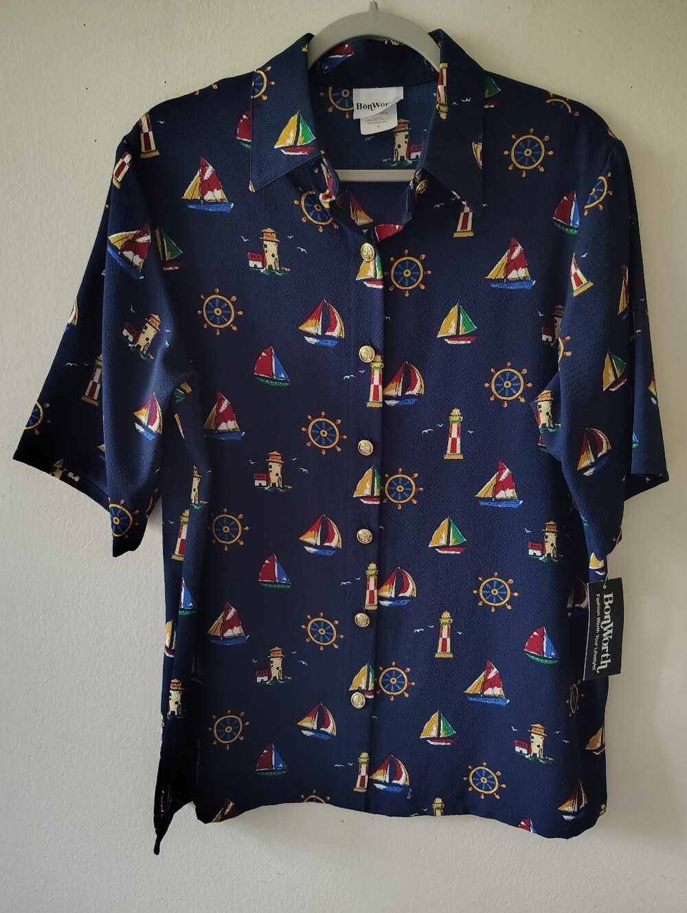 Vintage BonWorth Navy Button Down Medium NWT Nautical Boat Coastal Sailing